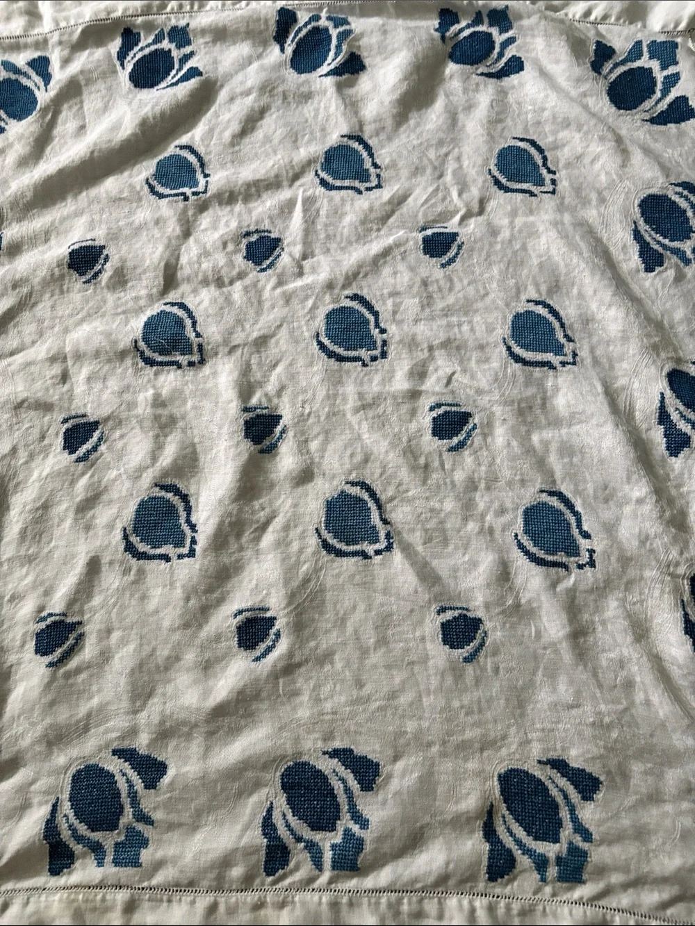 White Cotton Center Table overlay with Blue Floral Motif 30”x31”
